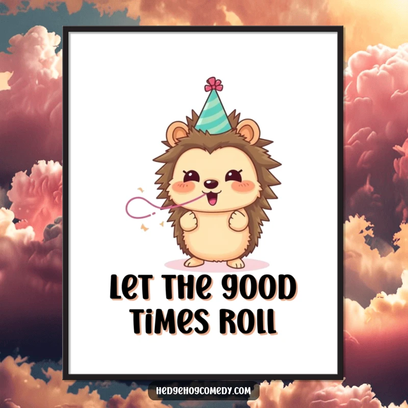 Funny excited hedgehog wearing a party hat and blowing a streamer, joyful wall art for a funny gift.