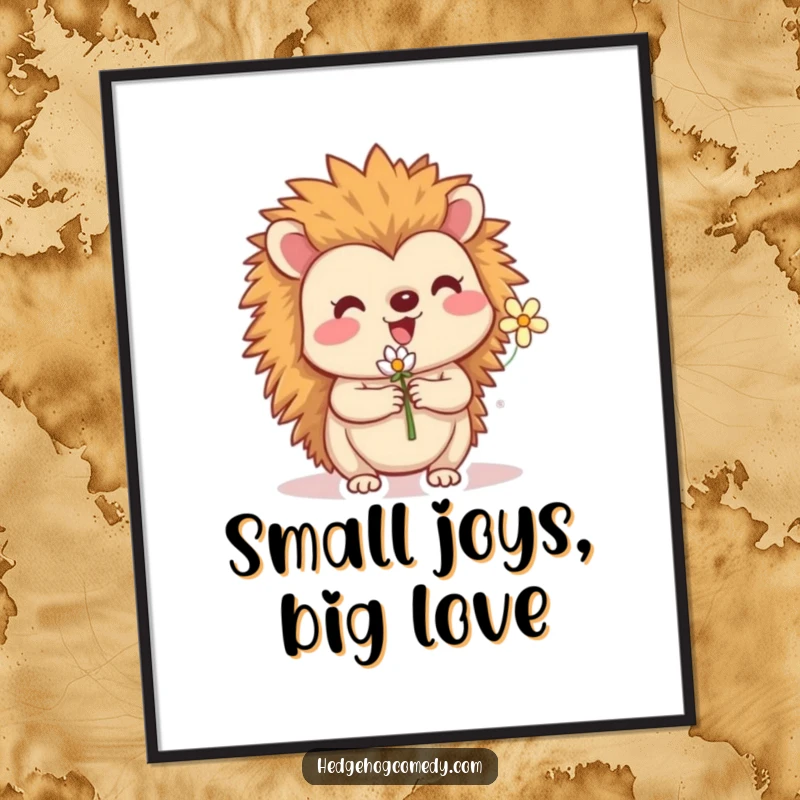 Funny poster artwork of a happy hedgehog clutching a small, beautiful flower. A delightful piece of art to brighten any wall.