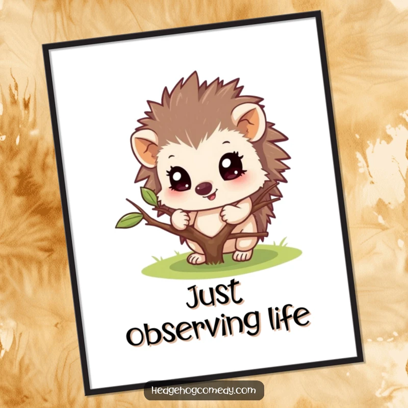 Funny poster art of a hedgehog character curiously peeking from behind a twig. Whimsical and eye-catching wall decor.