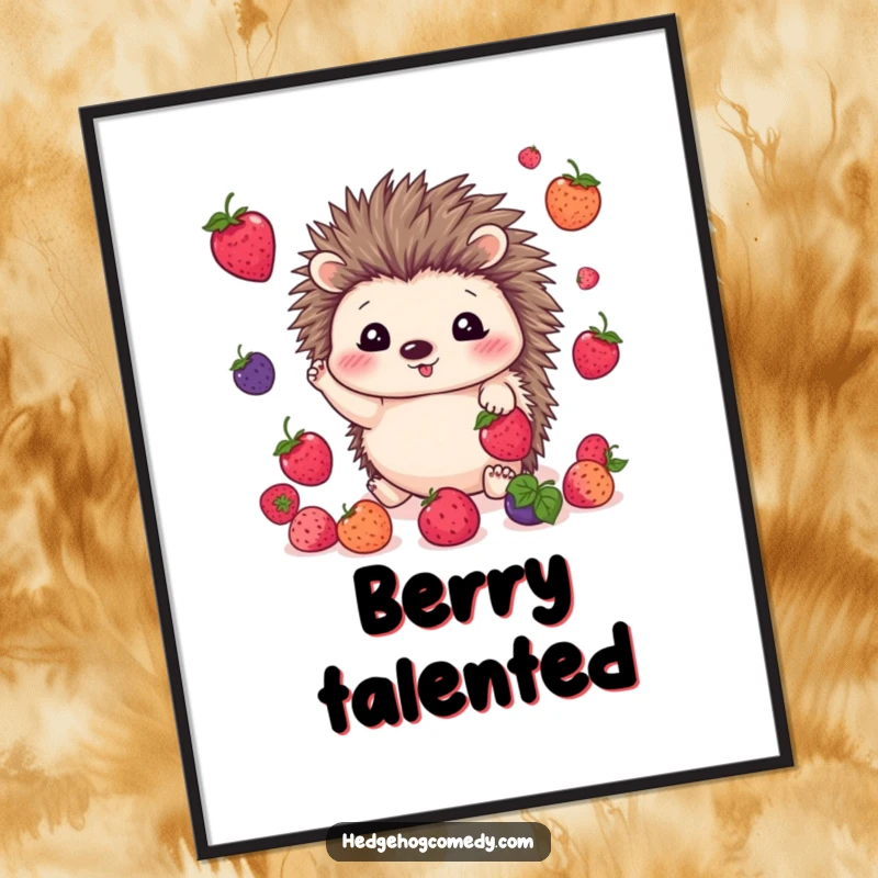 Funny kawaii hedgehog poster showing a cute hedgehog happily juggling bright berries with its tiny paws and twinkling eyes.