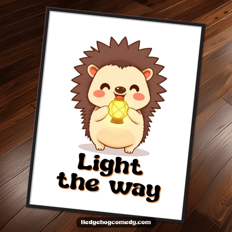 Funny Kawaii Hedgehog Poster: A happy hedgehog holds a small, glowing lantern, creating a heartwarming and humorous visual display.