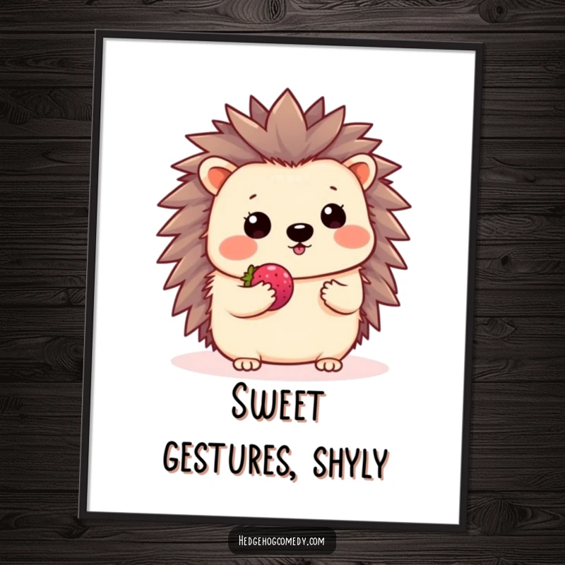 Funny Kawaii Hedgehog Poster: A cute hedgehog shyly waves while presenting a tiny berry, featured in this art print.