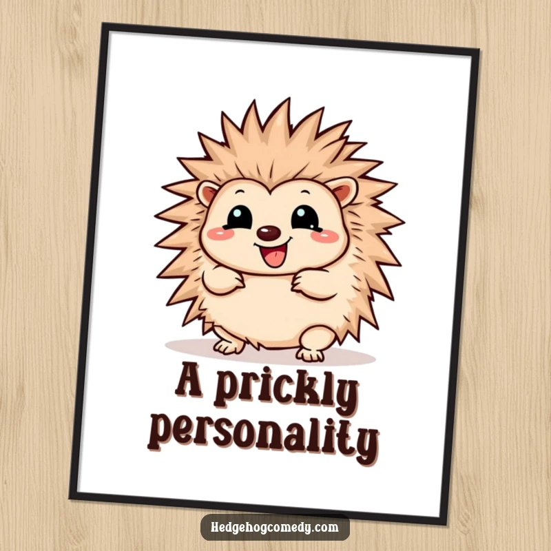 Funny Poster art of a delightful Kawaii hedgehog wiggling energetically and playfully unfurling its soft, cute spines.