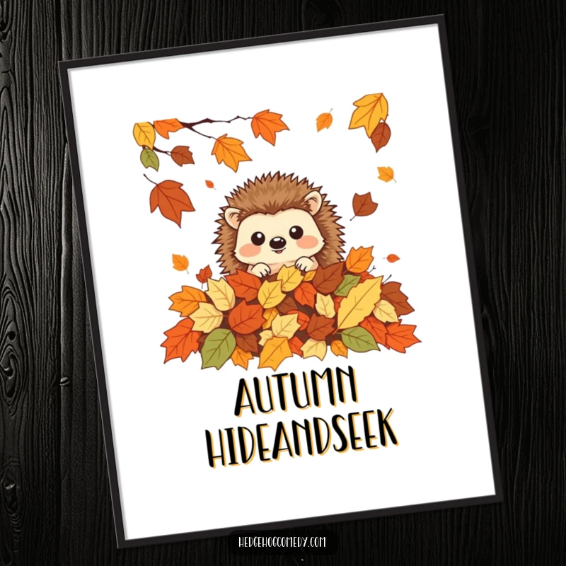 Funny playful kawaii hedgehog peeking out from a pile of colorful autumn leaves, perfect for humorous wall art gift.