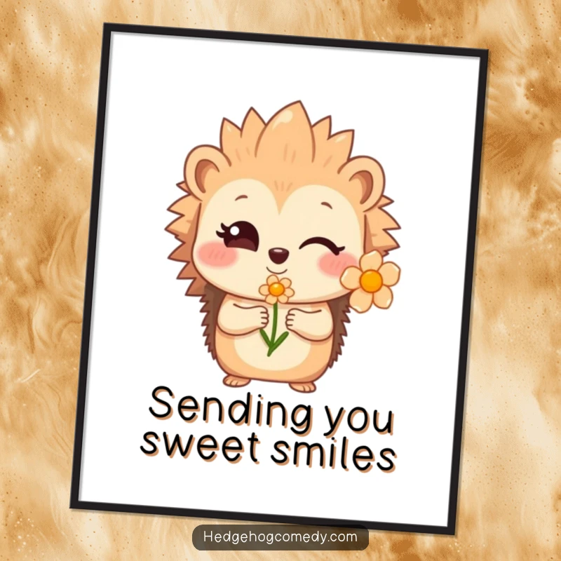 Funny shy hedgehog winking and offering a flower with a smile, sweet wall art for a funny gift.