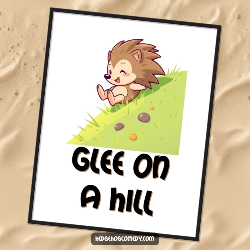 Funny poster print of a hedgehog sliding down a grass slope with pure glee, celebrating the joy of movement and play.