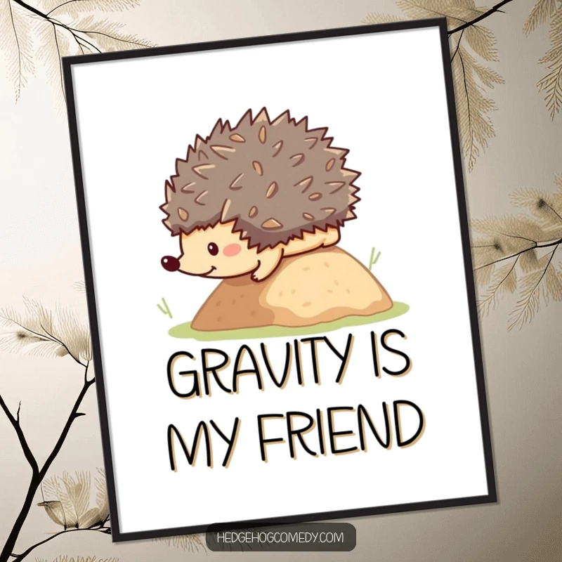Funny cute kawaii hedgehog hilariously rolling down a hill, perfect for humorous wall art gift.
