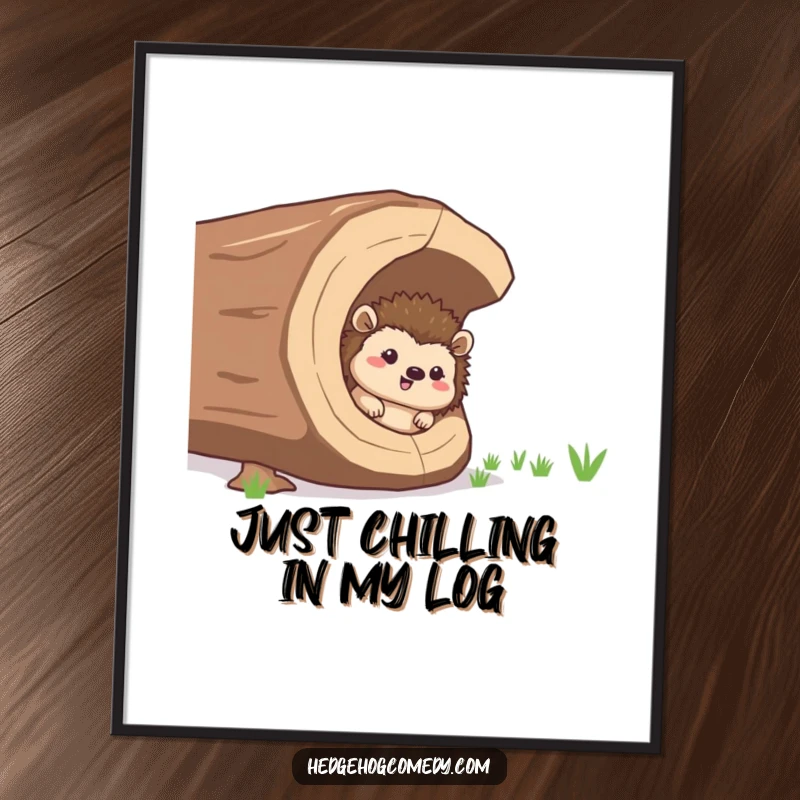Funny giggling hedgehog peeking from a giant hollow log, humorous wall art for a funny gift.