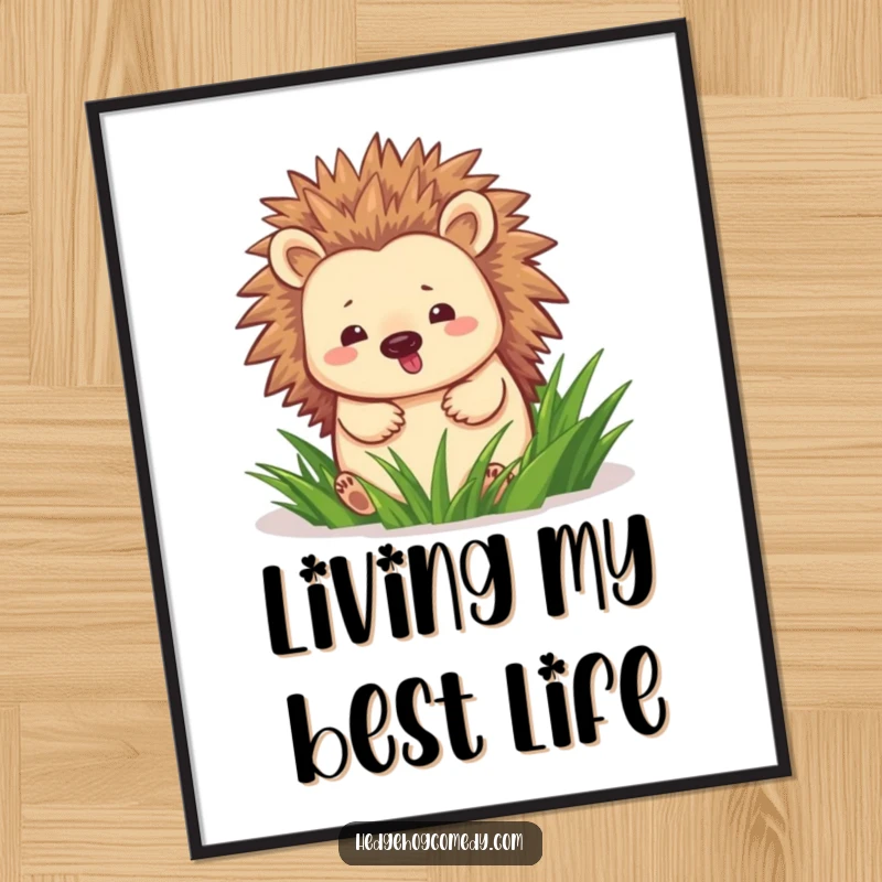Funny hedgehog happily waddling through green grass on a poster, showcasing a moment of pure, infectious joy.