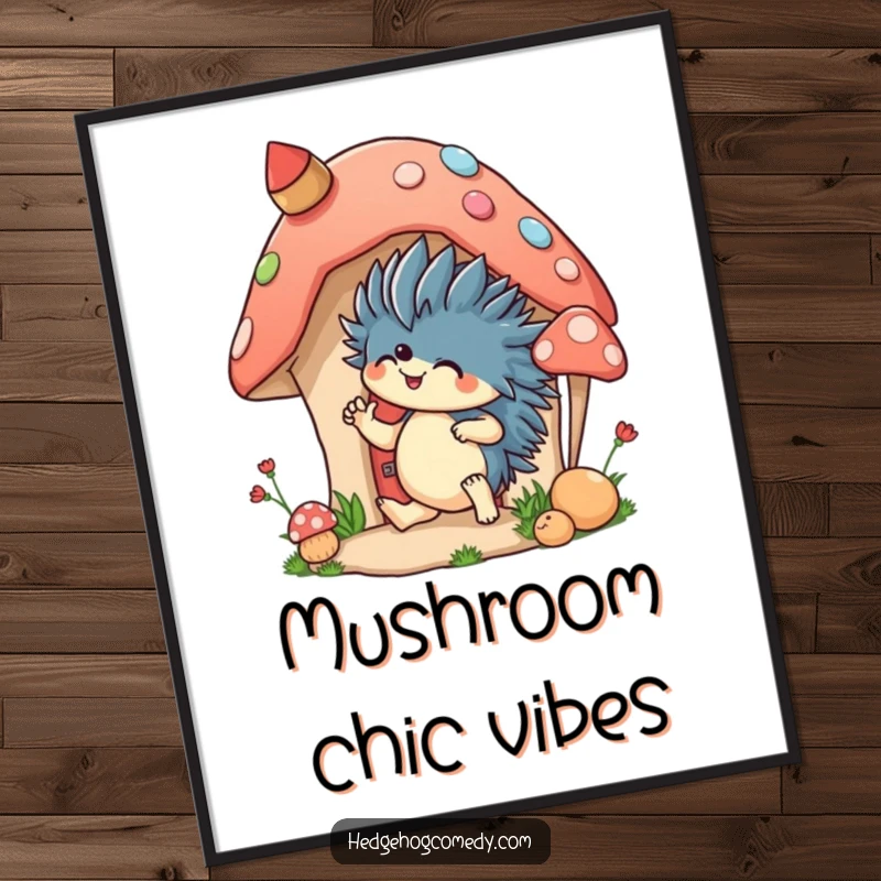 Funny poster print of an excited hedgehog decorating a mushroom house, celebrating creativity and whimsical home design.