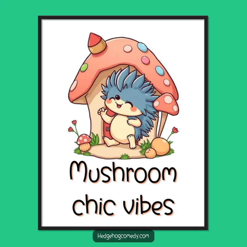 Funny Mushroom Decorating Hedgehog Poster: Whimsical Art for Your Walls, Gift!