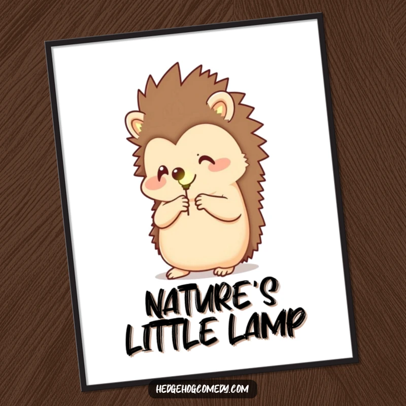 Funny poster print of a happy hedgehog holding a glowing firefly, creating a magical and serene night scene.