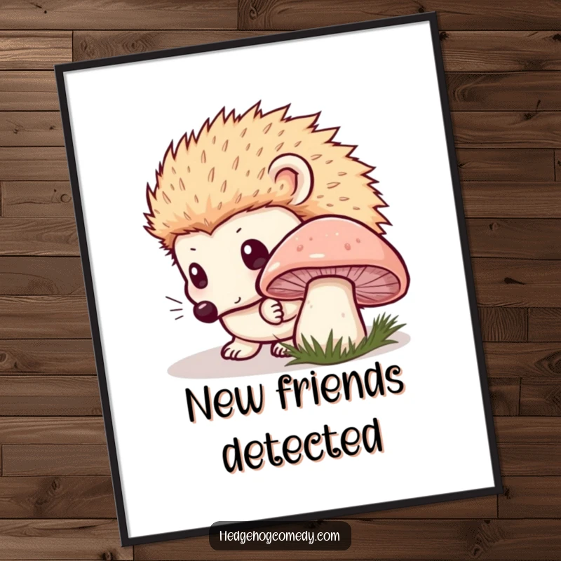 Funny Kawaii Hedgehog Poster: Curiously sniffing a dewy mushroom with wide, innocent eyes, a captivating and funny scene. Hilarious funny gift.