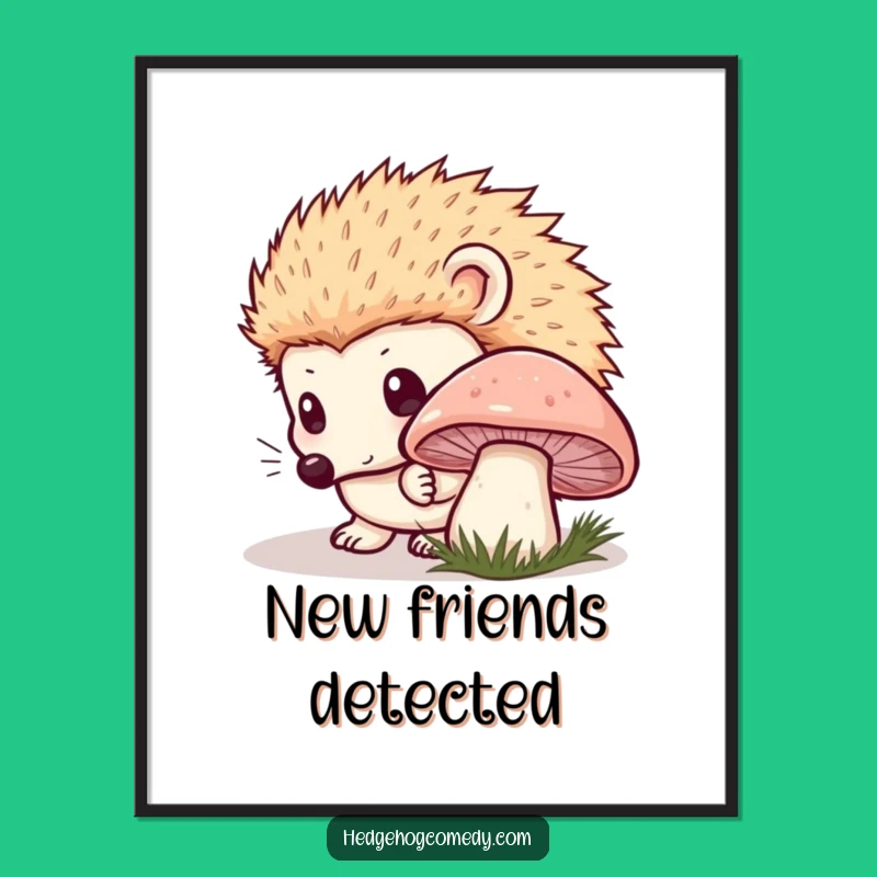 Funny Kawaii Hedgehog Poster: Mushroom Curiosity - Enchanting Wall Art!