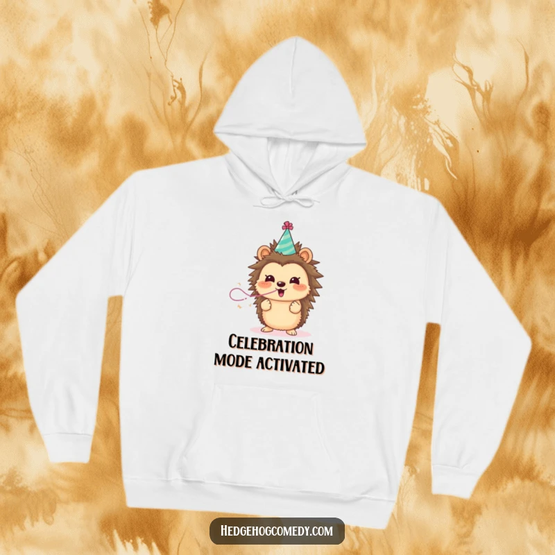 Funny hedgehog wearing a tiny party hat blowing a streamer, a cozy hoodie for funny gift lovers.