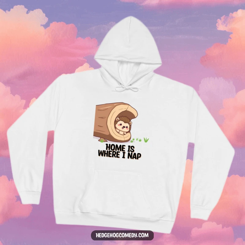 Funny giggling hedgehog peeking from a log, a cozy hoodie for a funny, hidden laugh gift.