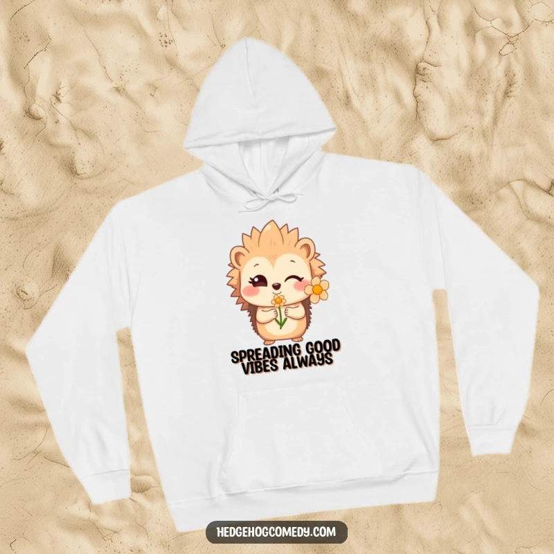 Funny shy hedgehog winking and offering a flower, a cozy hoodie for a sweet funny gift.