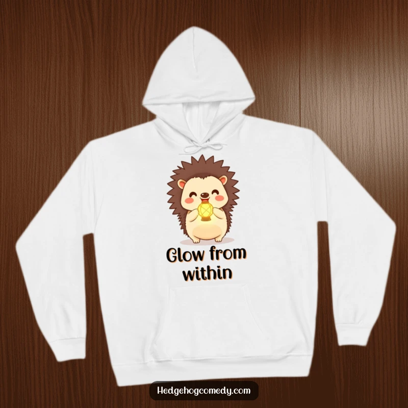 Funny Kawaii Hedgehog Hoodie: A joyful hedgehog holds a small lantern that emits a warm, radiant glow.