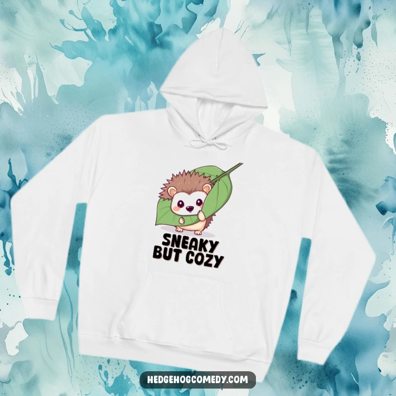 Funny mischievous hedgehog hiding behind a leaf on a hoodie, representing playful secrets, a perfect funny gift.