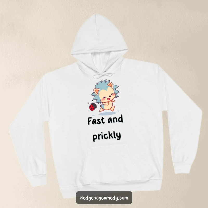 Funny Hedgehog Hoodie: Energetic hedgehog enthusiastically chasing a ladybug, ideal for warm, humorous lounging.