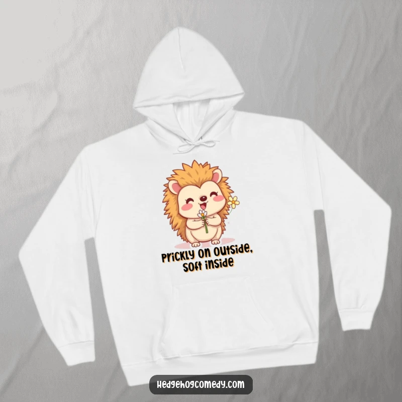 Funny hoodie showcasing a joyful hedgehog character holding a delicate flower. Perfect for adding warmth and humor to any outfit.