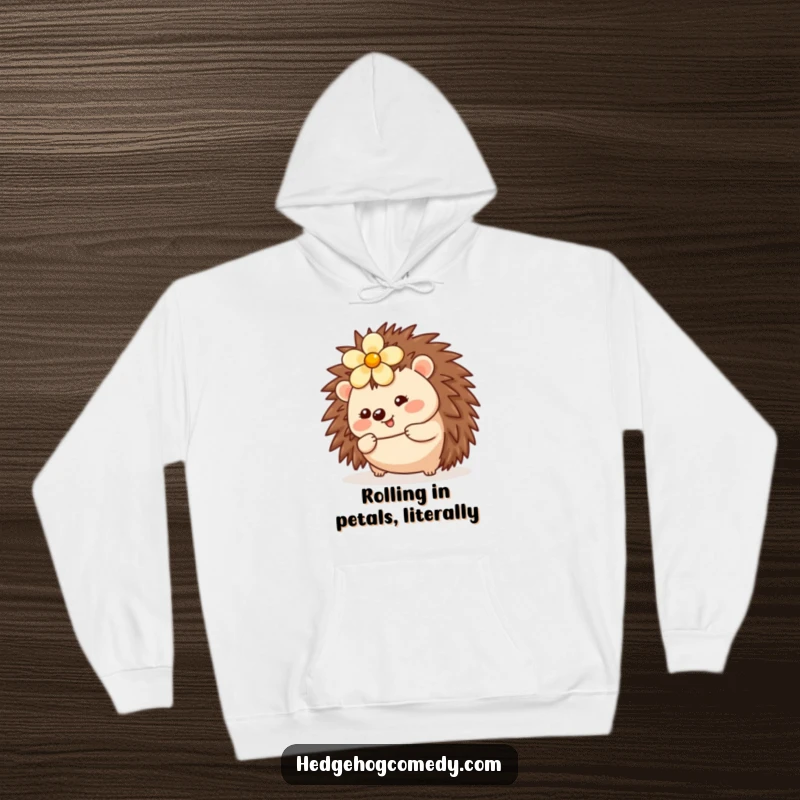 Funny Kawaii Hedgehog Hoodie: A soft hoodie displaying a cheerful hedgehog rolling with a flower on its head.