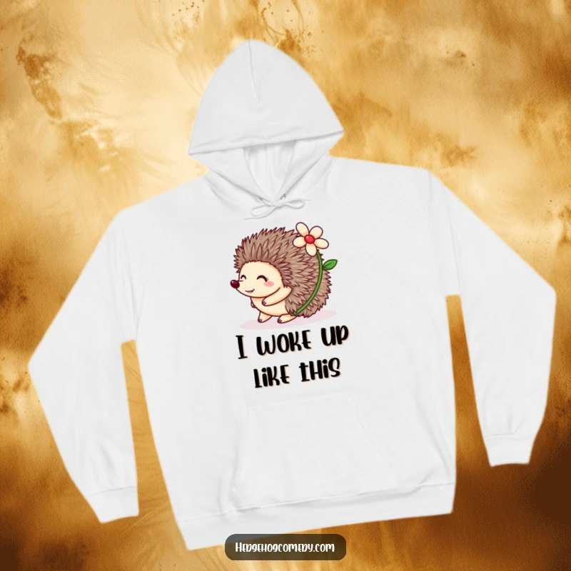 Funny Hedgehog Hoodie showing a happy hedgehog rolling with a flower on its back, perfect for cozy and humorous moments.