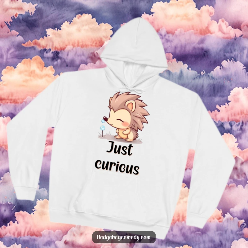 Funny hedgehog character looking curious at a sparkling dewdrop, looking thoughtful, ideal for cozy nature gifts.