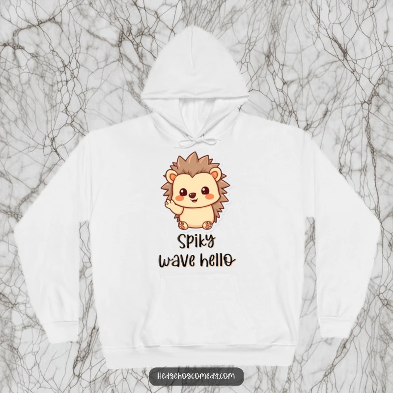 Funny Kawaii Hedgehog Hoodie, giving a gentle wave with quills slightly raised, ideal for cozy, humorous, and welcoming occasions.