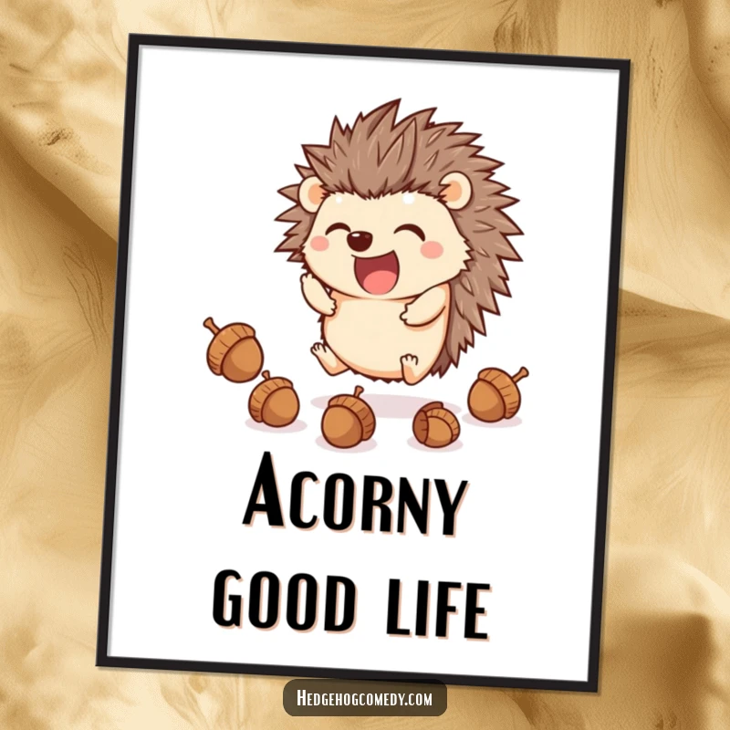Funny Free Printable Wall Art: A cute kawaii hedgehog skillfully juggling acorns with its feet, showcasing talent.