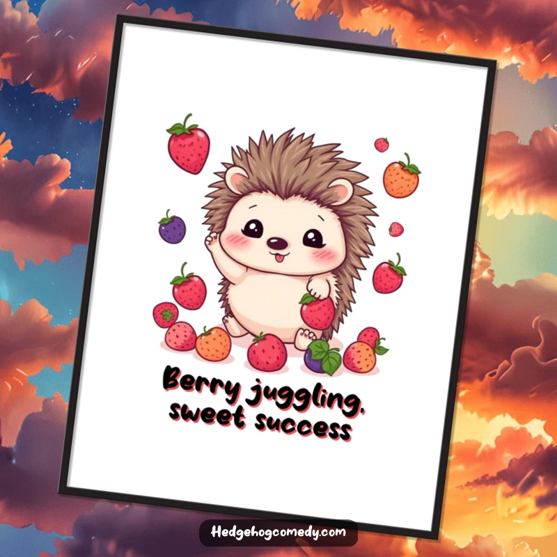 Funny Free Printable Wall Art: Kawaii hedgehog happily juggles colorful berries with bright, happy eyes.