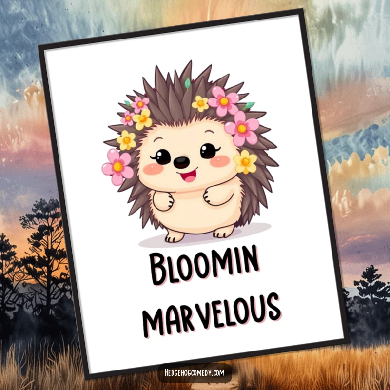 Funny Free Printable Wall Art: A happy kawaii hedgehog featuring its quills as a canvas for vibrant, colorful flowers.