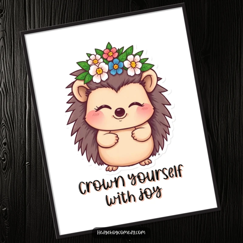 Funny Free Printable Wall Art: A stylish hedgehog winks confidently while wearing a delicate crown of blooming flowers.