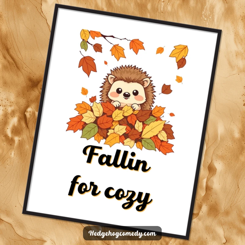 Funny Free Printable Wall Art: A playful kawaii hedgehog peeking from a soft pile of colorful autumn leaves.