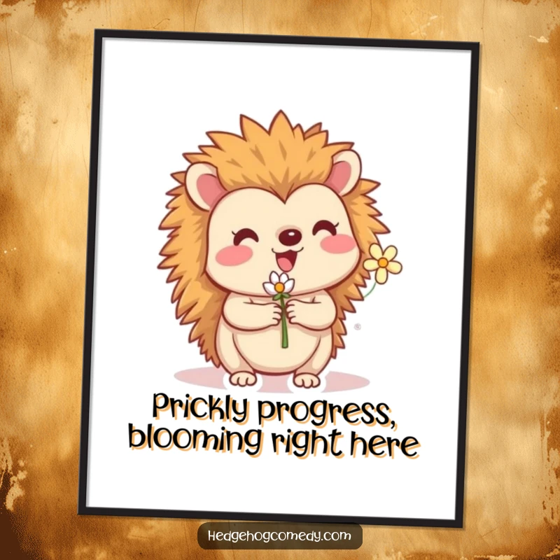 Funny Free Printable Wall Art featuring a happy hedgehog clutching a petite flower, perfect for cheerful home decor.