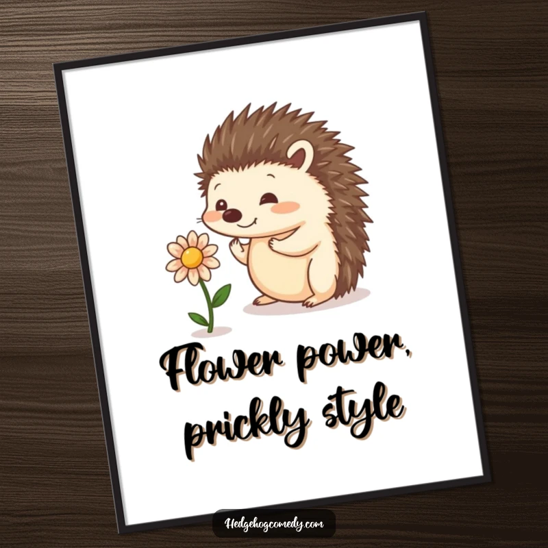 Funny Free Printable Wall Art of a playful hedgehog balancing a tiny flower on its nose, adding a touch of whimsical humor to your decor.