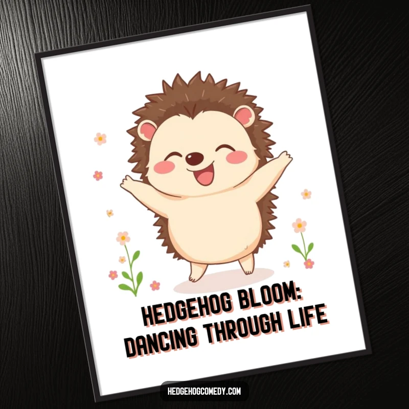 Funny Free Printable Wall Art: A joyful hedgehog energetically dances with tiny, colorful flowers blooming all around it in a happy scene.