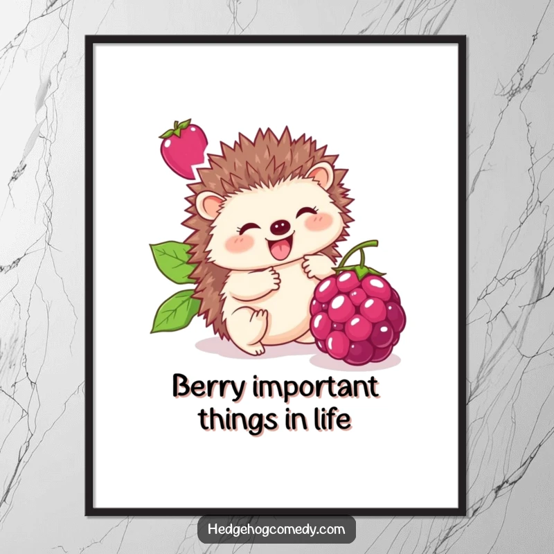 Funny Free Printable Wall Art: Cute hedgehog rolling a large berry with pure delight, a charming decorative piece.