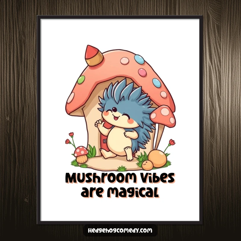 Funny Free Printable Wall Art: An excited hedgehog diligently decorates a mushroom dwelling, creating vibrant and humorous downloadable art.