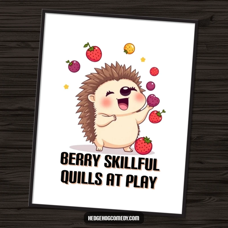 Funny Free Printable Wall Art: An excited hedgehog deftly juggling a pile of colorful berries using its quills, showcasing amazing talent.