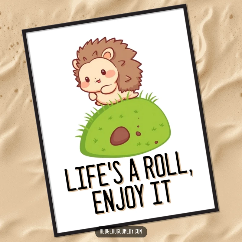Funny Free Printable Wall Art: A kawaii hedgehog happily tumbling down a vibrant green grassy hill in pure bliss.