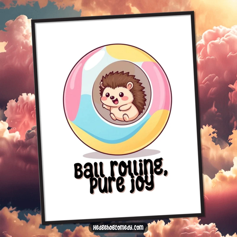 Funny Free Printable Wall Art: Kawaii hedgehog rolls downhill excitedly within a giant, vibrant colorful ball.