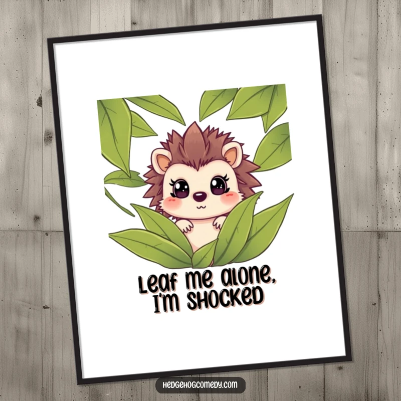 Funny Free Printable Wall Art of a surprised hedgehog peeking from leaves, adding humorous charm to any room decor.