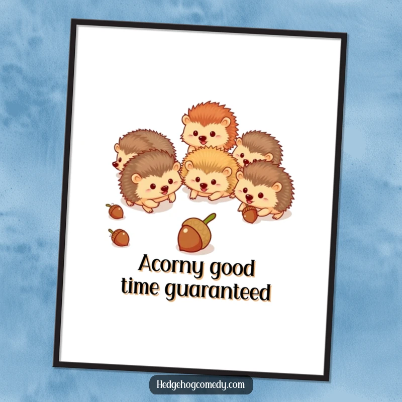 Funny Free Printable Wall Art: A dynamic scene of hedgehogs playfully chasing rolling acorns in the woods.