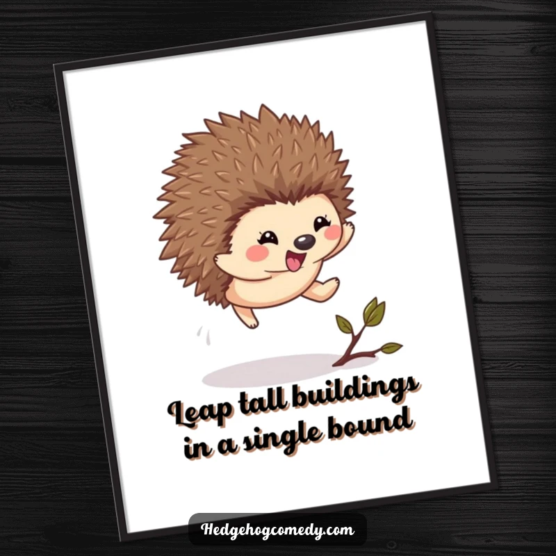 Funny Free Printable wall art of a kawaii hedgehog leaping with excitement over a small twig, capturing a moment of spontaneous joy and playful energy.