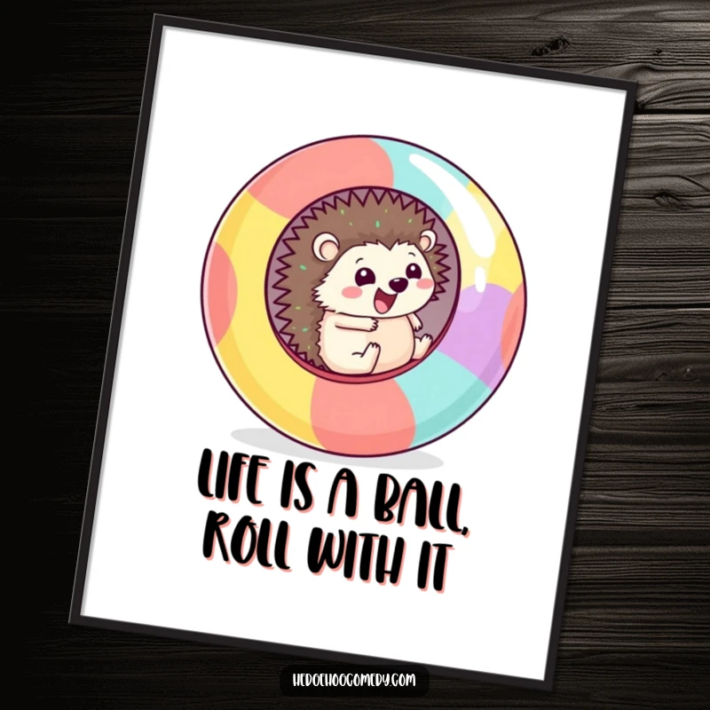 Funny Free Printable Wall Art: Kawaii hedgehog gleefully rolling downhill inside a giant colorful ball, pure joy.