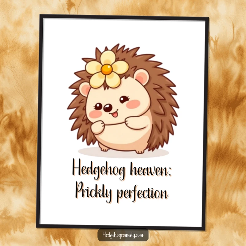Funny Free Printable wall art of a kawaii hedgehog with a flower rolling playfully, adding cheerful and cute vibes to any room, a downloadable masterpiece.
