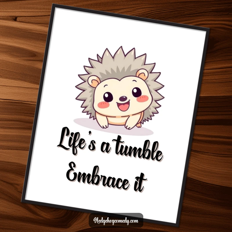 Funny Free Printable wall art of a kawaii hedgehog with a big smile tumbling playfully, capturing a moment of pure, unadulterated joy, a downloadable delight.