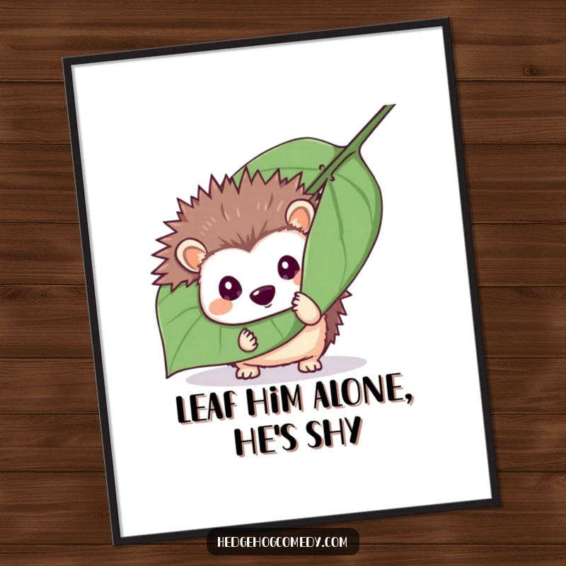 Funny Free Printable Wall Art of a mischievous hedgehog hiding behind a large leaf, peeking out with a playful expression.