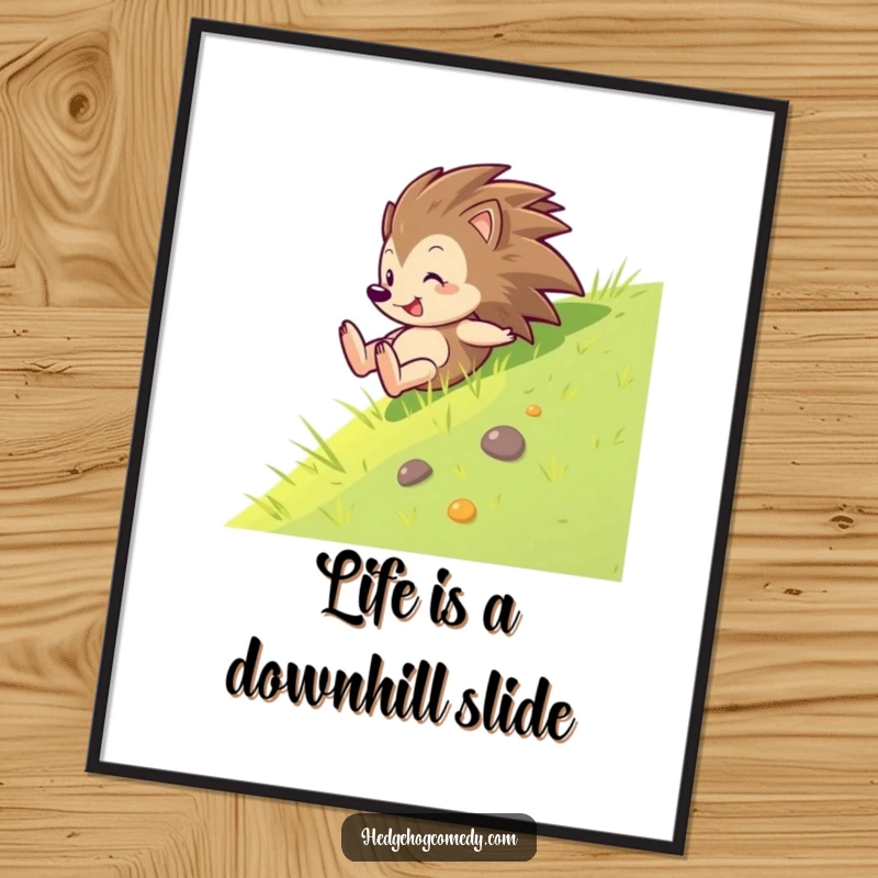 Funny Free Printable Wall Art: A hedgehog slides with pure glee down a green slope, creating energetic and humorous downloadable art.